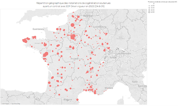 Carte contrats cogénération en France